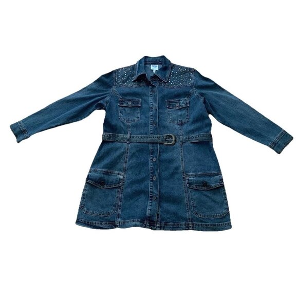 Diane Gilman Denim Dress Studded Belted Pockets Button Down XL Blue Western - Picture 1 of 15